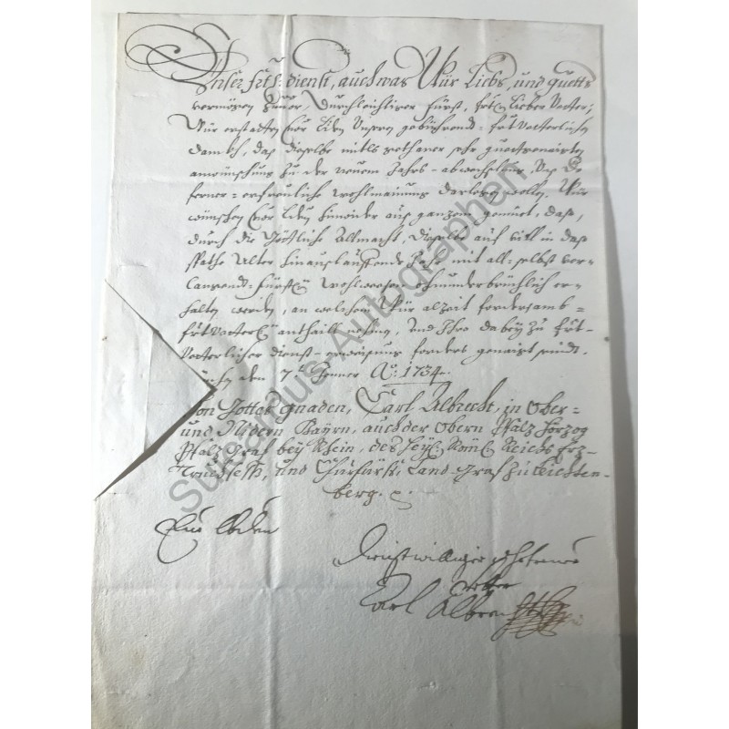München, 7. Januar 1734 - Brief mit eigenhändiger Unterschrift