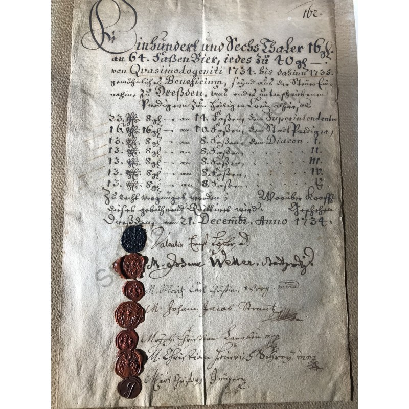 Dresden, 21. Dezember 1734 - Urkunde über den Erhalt von 64 Fässern Bier