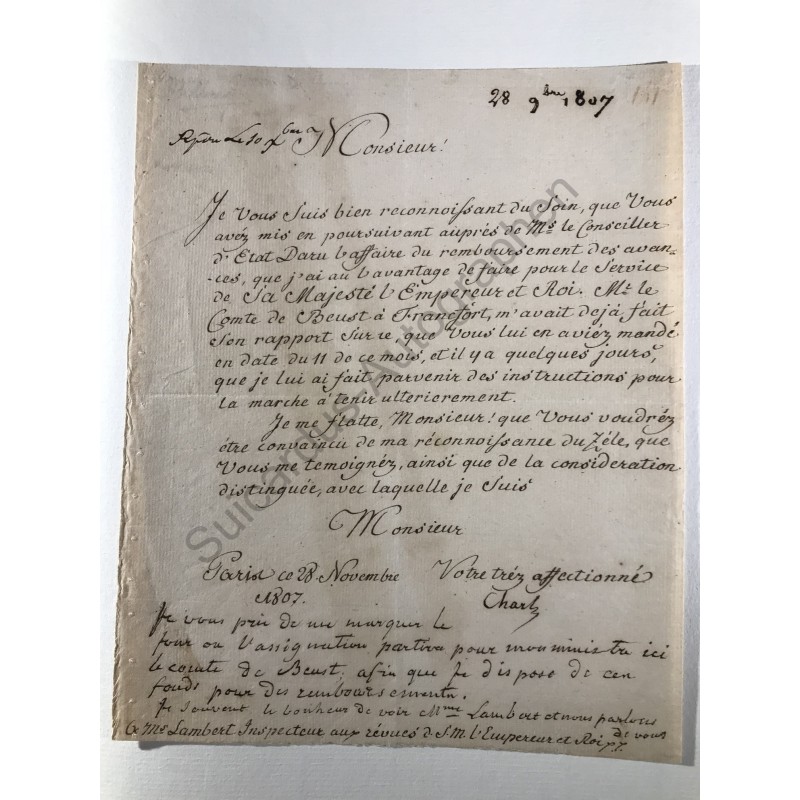 Paris, 28. November 1807 - Schreiben mit eigenhändiger Unterschrift