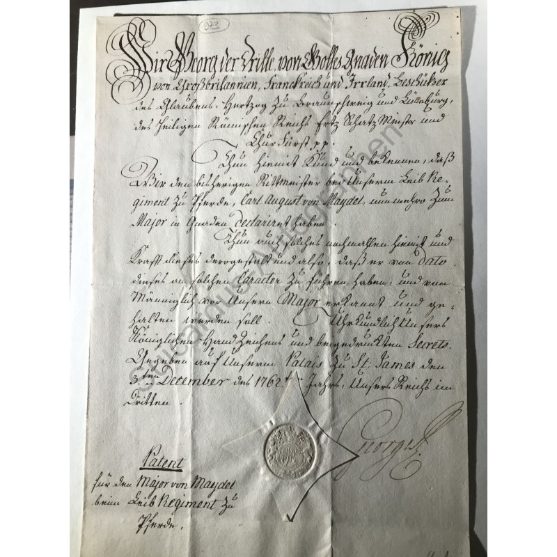St. James, 3. Dezember 1762 - Patent mit eigenhändiger Unterschrift