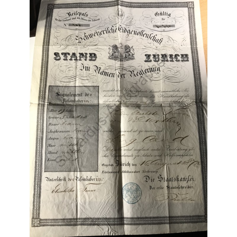 Zürich, 16. August 1870 - Urkunde mit eigenhändiger Unterschrift