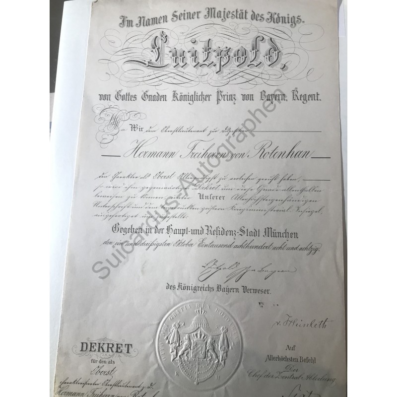 München, 31. Oktober 1888 - Gedruckte Urkunde mit eigenhändiger Unterschrift