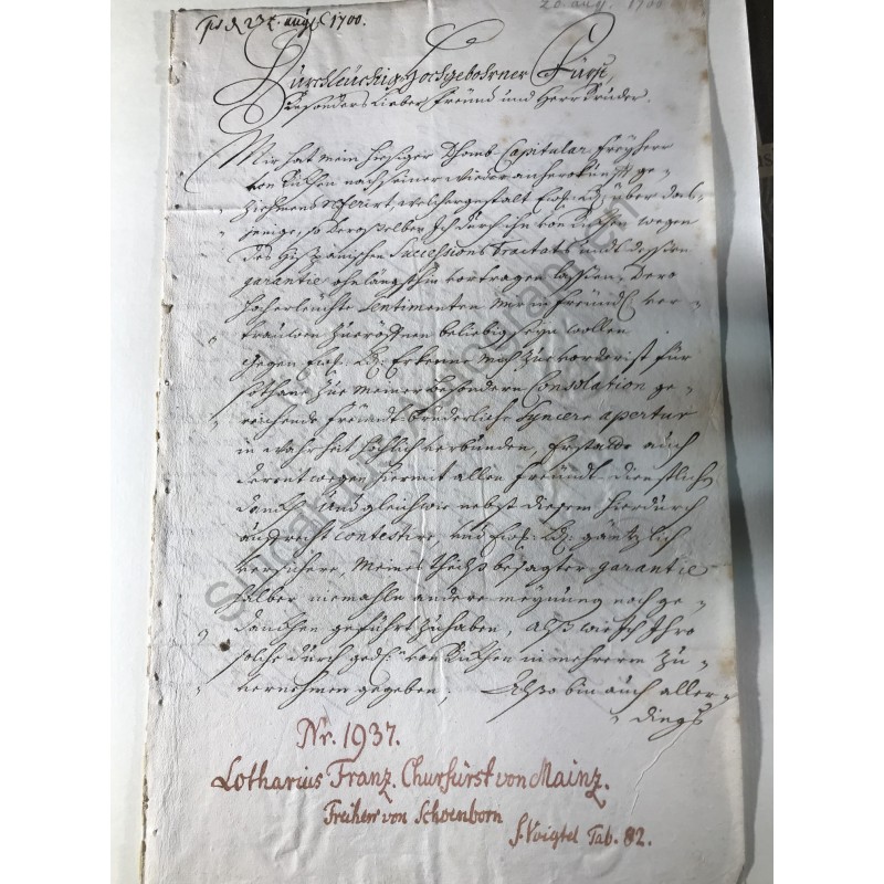 Mainz, 20. August 1700 - Brief mit eigenhändiger Unterschrift