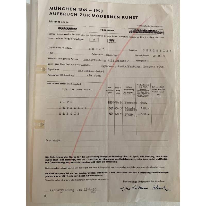 München, 22.04.1958, Einlieferungsbeleg zu einer Ausstellung in München