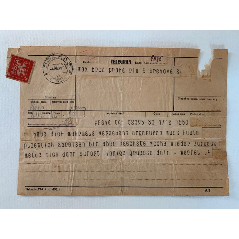 Prag, 04.12.1931, Telegramm an Max Brod