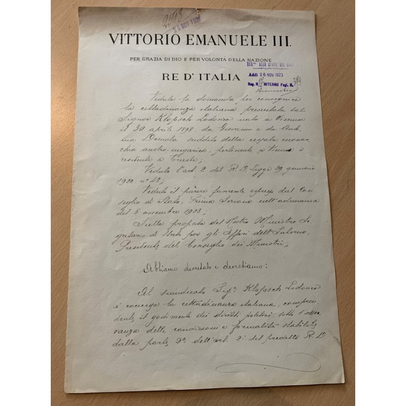 Rom | 18.11.1923, Einbürgerungsurkunde