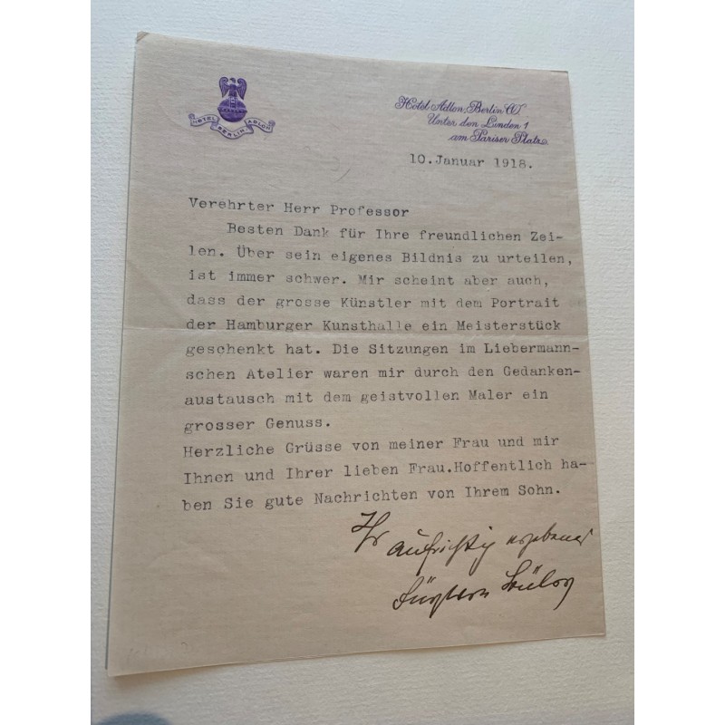 Hotel Adlon Berlin, 10. Januar 1918 - Brief mit eigenhändiger Unterschrift
