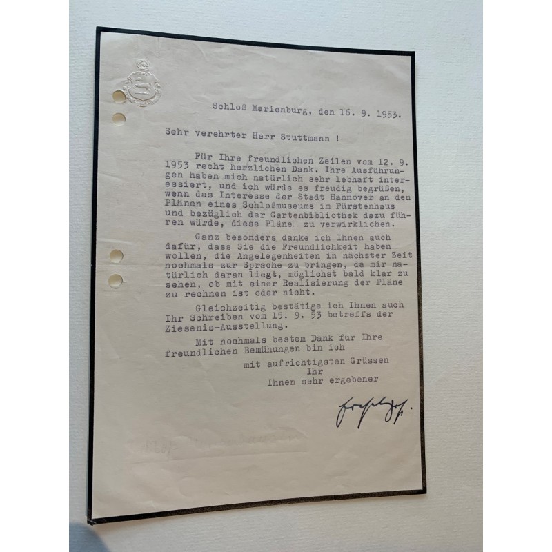Schloß Marienburg, 16. Oktober 1953  - Brief mit eigenhändiger Unterschrift
