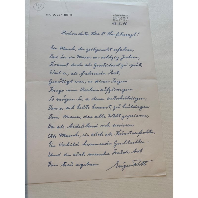 München, 12.11.1966 - Eigenhändiges Geburtstagsgedicht mit signiertem Künstlerfoto