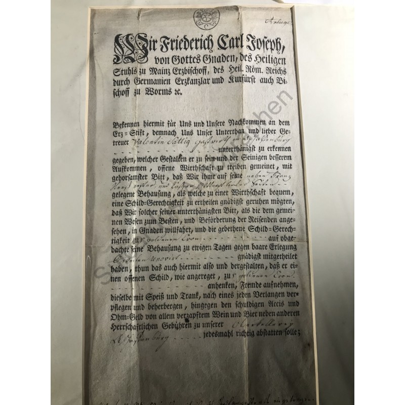 Aschaffenburg, 31.03.1781 - Gaststättenkonzession mit eigenhändiger Unterschrift des Kurfürsten